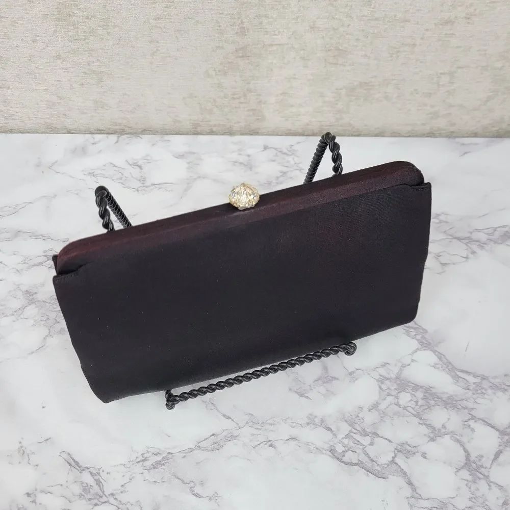 Mel-ton Vintage Black Satin Clutch Bag Crystal Clasp Mirror Coin Pouch Set